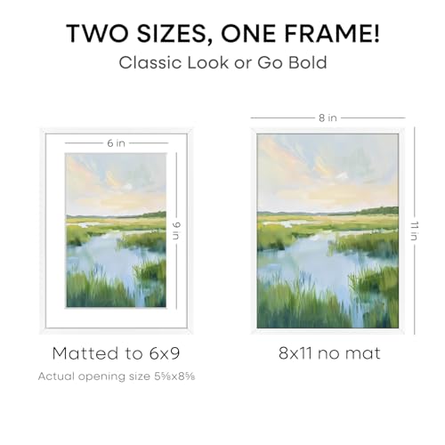 Image of Homeforia 8x11 White Picture Frame, High-End Metal, 6x9 Mat, Glass | High End Aluminum, Tempered Glass, Acid-Free 6x9 Removable Mat, 8x11 in Edge-to-Edge Display 11x8, Wall Kit, Set Of 1