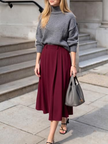 Image of Casly Lamiit A-Line Midi Skirts for Women Business Skirt | Elastic High Waisted, Pleated with Pockets, Work Skirts Casual