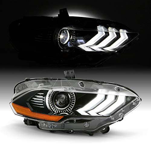 AKKON - Fits 2018-2023 Ford Mustang LED Tube [Factory Style] Projector Black Headlight Headlamp Replacement Passenger Right Side