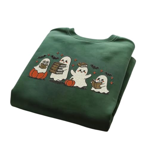 Ghost Reading Embroidered Sweatshirt, Cute Halloween Crewneck, Book Lover Ghost Pullover, Fall Cozy Shirt, Spooky Season Bookish Gift Multi - Main Image