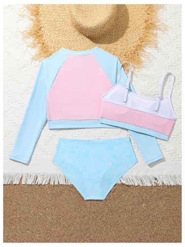 OYOANGLE Girl's 3 Piece Bikini Set Color Block Beach Sports Bathing Suit with Long Sleeve Cover Ups2