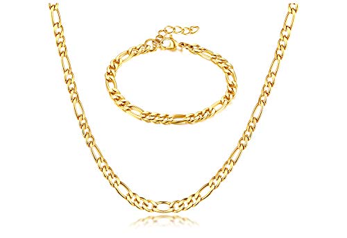 MPRAINBOW 316L Stainless Steel Chain Link Choker Collar Necklaces and Link Chain Bracelets,Cuban Link Chain Chunky Jewelry Set For Women Girls,18K Gold Plated Necklace,L:15"-16.5/6.5"-7.6",W:5MM-8.5MM