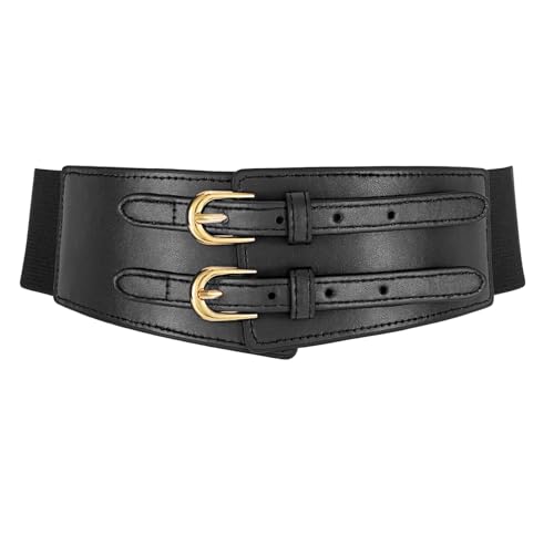 XZQTIVE Women's Wide Elastic Leather Belt for Dresses and Shirts, Stretchy Ladies Waist Belt with Double Gold Buckle2