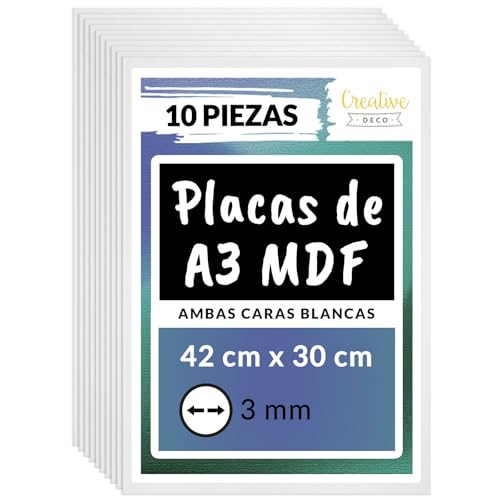 Creative Deco 10 x A3 MDF Tablero Madera Blanco en Dos Caras | 420 x 300 x 3 mm | Perfecto para Corte por Laser, CNC Router, Modelado, Calado, Bricolaje, Manualidades