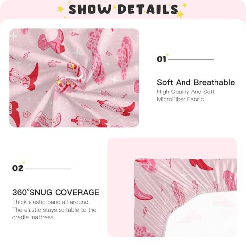 Image of Pink Western Cowgirl Boots Crib Sheets Soft Breathable Fitted Baby Crib Sheets Mattress Cover for Girl Boys, 52 inch x 28 inch x 9 inch