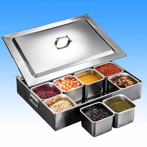 Juego de especias con compartimentos, dispensador de especias y contenedores de acero inoxidable para almacenamiento de cocina