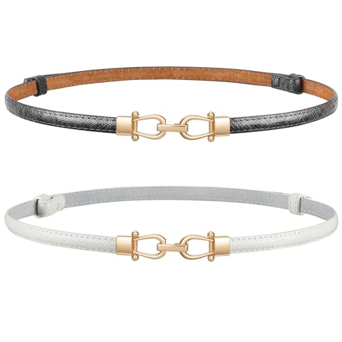 Image of JASGOOD Leather Skinny Belts for Women Plus Size Ladies Thin Waist Belts Adjustable for Jeans Pants Dresses with Gold Buckle