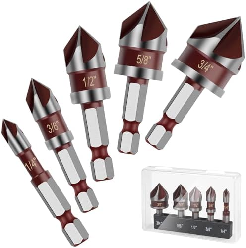 5PCS Countersink Drill Bit Set, 82 Degree HSS Counter Sink Drill Bit for Wood, Metal, Plastic, Sizes 1/4"-3/4" with 1/4" Hex Shank Countersink Bit