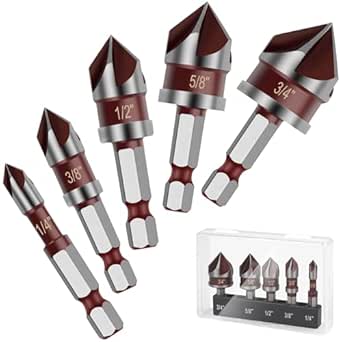 5PCS Countersink Drill Bit Set, 82 Degree HSS Counter Sink Drill Bit for Wood, Metal, Plastic, Sizes 1/4"-3/4" with 1/4" Hex Shank Countersink Bit