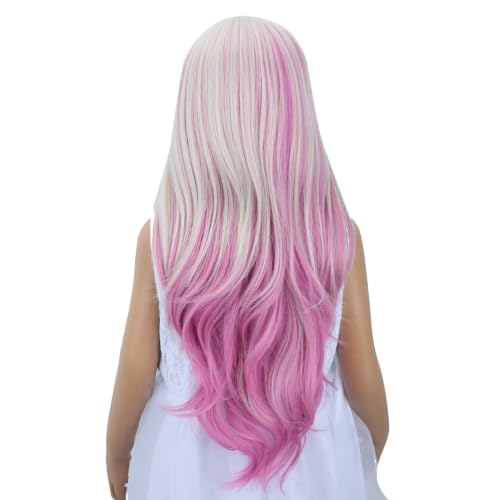 Image of Pink Mixed Brown Wig Long Pink Mixed Brown Middle Part Wig Long Wavy Curly Wigs Heat Resistant Synthetic Wigs for Daily Party Use