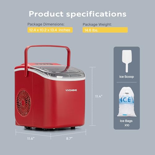 Image of VIVOHOME Countertop Ice Maker with Handle 26lbs /Day 9 Ice Cubes in 6 Mins Portable Ice Maker Machine 10 Ice Bags and Self Cleaning Ice Cube Maker Red