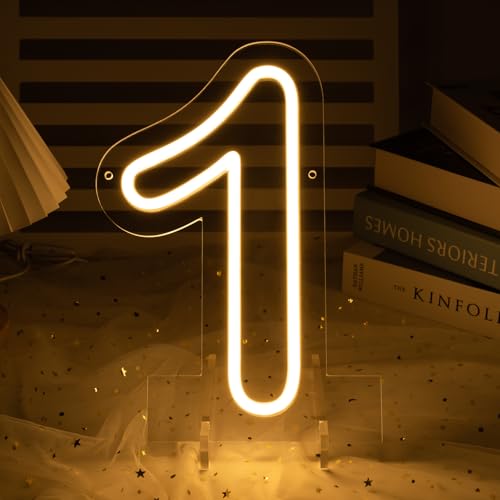 Image of Number 1 LED Neon Sign Backdrop Birthday Party Decoration, 11.3 inch Height Warm White Marquee Number Light Up Sign for Wedding Anniversary Window Wall Table, Indoor Battery Operated or USB