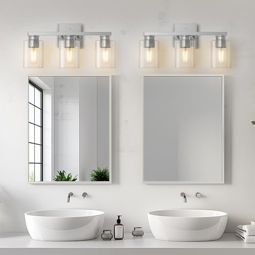 Image of L LOHAS LED 3-Light Bathroom Light Fixtures Over Mirror, 17.7-Inch Nickel Bathroom Vanity Light with Clear Glass Shade, Modern Vanity Lights for Bathroom Hallway Living Room Bedroom, E26, UL Listed