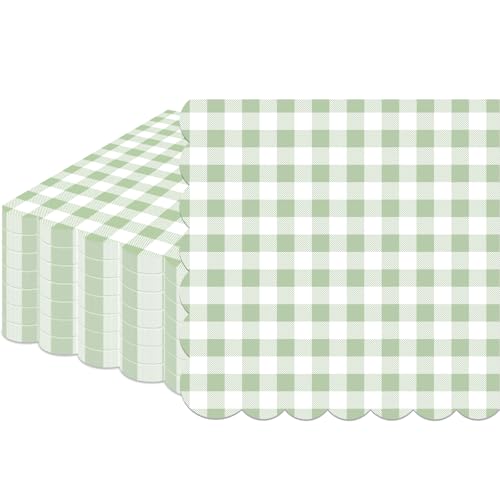 100 Pcs Sage Green Gingham Napkins Disposable - Sage Green and White Checkered Paper Napkins - Scalloped Plaid Dinner Napkins for Picnic Birthday Wedding Bride Shower Party Supplies