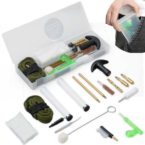 Gun Cleaning Kit for 9mm / .38 / .357 Cal Pistols, Ultra-Compact Handgun Cleaning Kit with Brass Rods, Brushes, Patches & Safety Flag, Fits Tactical Gear & Range Bag (Hard Case, No Oil Included)
