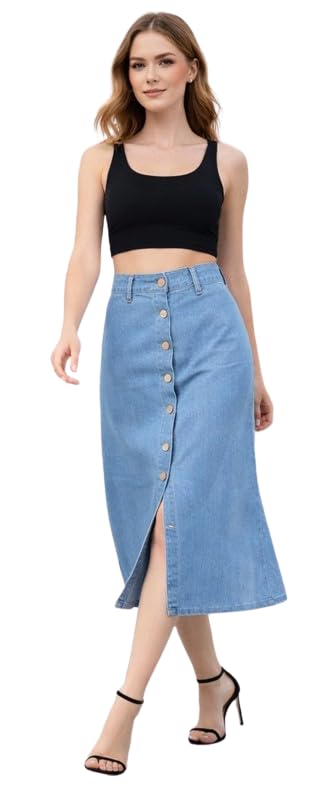Image of Western Trending Stylish Flared Comfortable Solid Long Denim Skirt for Women & Girls