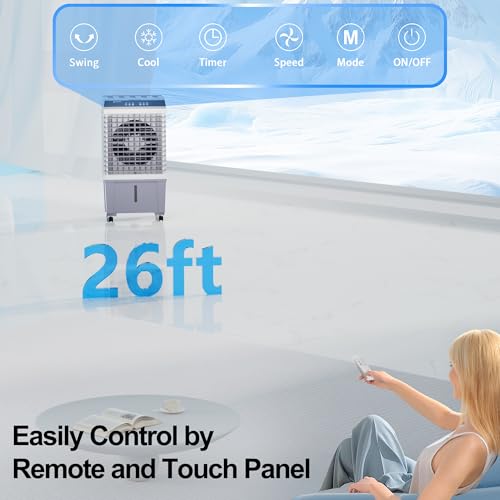 Image of Uthfy Evaporative Air Cooler, 1800 CFM Swamp Cooler Air Conditioner, 31 inch | 3-IN-1 Unit, 5.3 Gallon Water Tank, 6 Ice Packs, 12H Timer, 120Oscillation, Cooling Fan for Bedroom, Office, Garage