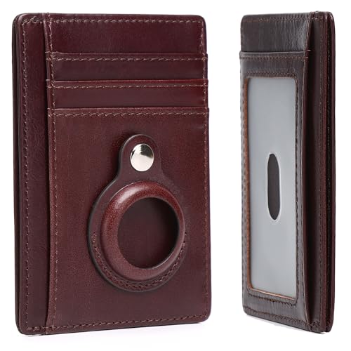 Portefeuille fin minimaliste en cuir café pour AirTag et cartes