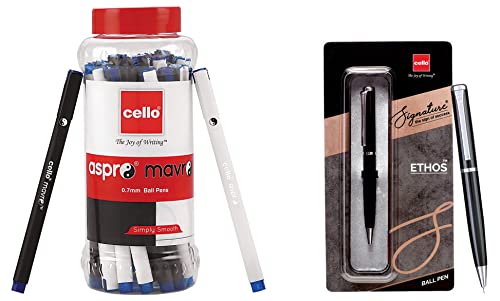 Image of Cello Aspro Mavro Ball Pen (25 Pens Jar - Blue) Signature Ethos Ball Pen