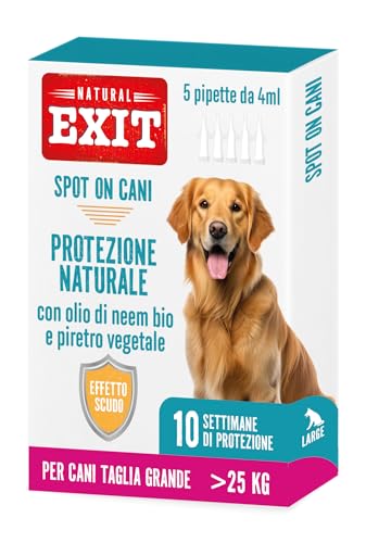 Natural Exit - Spot On Antiparassitario Naturale Per Cani, 5 Pipette Richiudibili Lunga Durata, Protegge Da Parassiti, Zecche, Pulci, Pidocchi (25 Kg - Taglia Grande)
