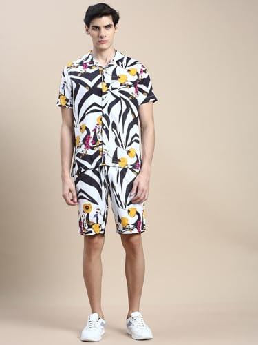 Image of SHOWOFFFF Men Printed Two-Piece Co Ords | Cuban Collar Half Sleeves Cotton Co Ords for Mens | Mid-Rise Relaxed Fit Above Knee Co Ords for Men's