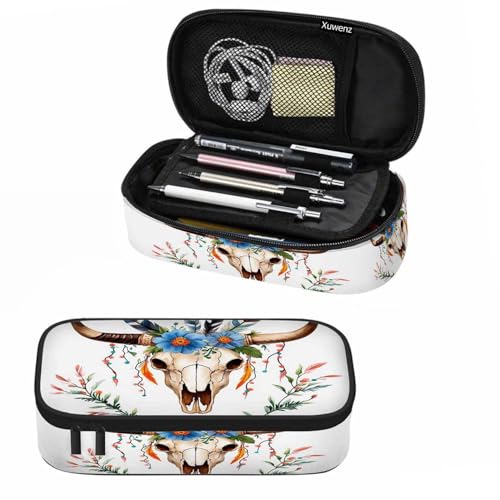 Image of Cow Skull Pencil Holder Bag Bull Head Flowers Feathers Boho Style Pencil Case College Office School for Teens Boy Girl
