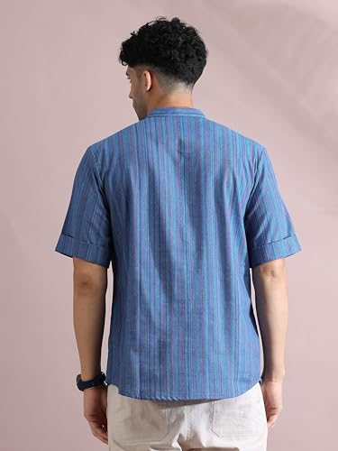 Image of Filori Lurex Checks Design Short Kurta | Pure Cotton | Half Sleeves | Mandarin Collar