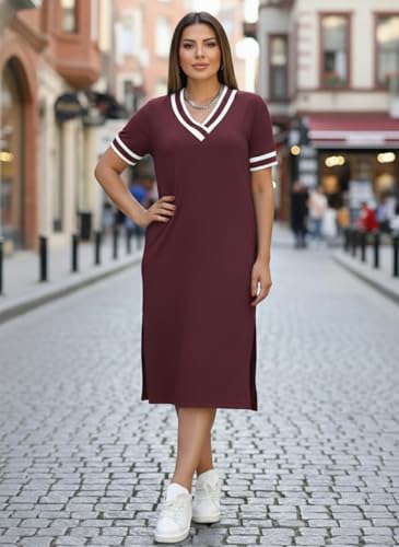 Image of Women's V-Neck Sporty T-Shirt Dress | Stylish Striped Sleeve One Piece for Women | Casual Summer Knee Length Short Dress | Trendy Beach & Resort Wear Western Dress (26 D-1-3)