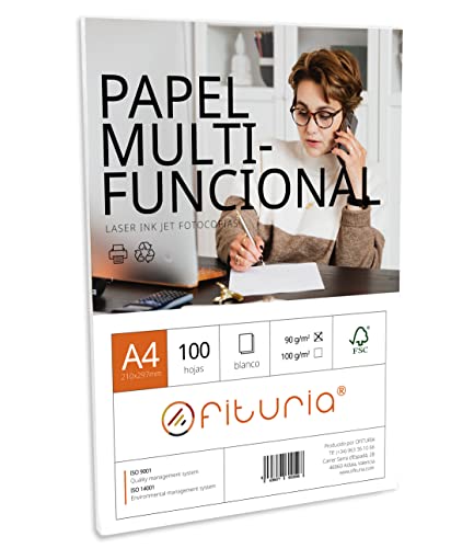 Paquete de folios A4 con 100 Hojas Blancas, Papel Multifuncional para Uso Escolar y Entornos Laborales. Ideal con impresoras láser, de inyección o fotocopiadoras   Ofituria (90 g/m2)
