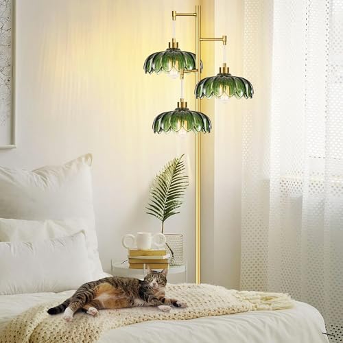 Image of QIYIZM Glass Floor Lamp for Living Room,Bedroom,Mid Century Modern Standing Lamp Brass Tree 3 Light Tall Floor Lamps Vintage Retro Floor Lights Gold Green Flower Lamp Shade Farmhouse Boho Bohemian