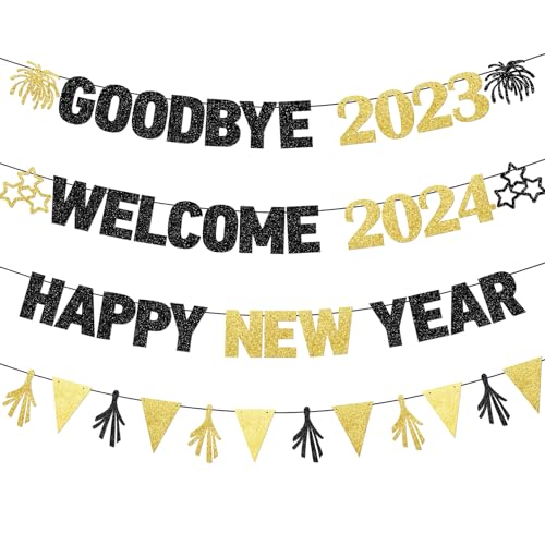 Black Gold Goodbye 2023 Welcome 2024 Happy New Year Banner for Happy New Year Decorations 2024 New Years Eve Party Supplies 2024 New Years Eve Banner