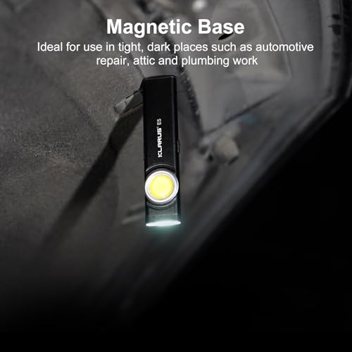 Image of klarus E5 Pocket Flashlight, Rechargeable EDC Flashlight, Super Slim 4.2x1x0.3inch, 600 Lumens, USB-C Port, IPX4, Dual Light Source with Magnetic Base, Hat & Clothes Clip - Black