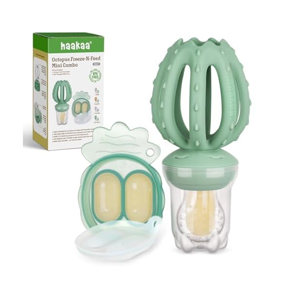Haakaa-Octopus-Baby-Fruit-Food-Feeder-Mini-Freezer-Nibble-Tray-Combo-Breastmilk-Popsicle-Molds-for-Cooling-Relief-BPA-Free-Silicone-Feeder-for-Safe-Infant-Self-Feeding-4-MonthPea-Green