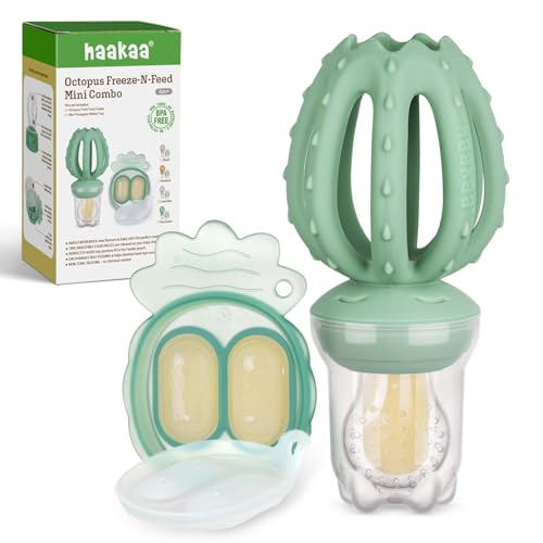 Image of Haakaa Octopus Baby Fruit Food Feeder & Mini Freezer Nibble Tray Combo, Breastmilk Popsicle Molds for Cooling Relief, BPA Free Silicone Feeder for Safe Infant Self Feeding, 4 Month+(Pea Green)