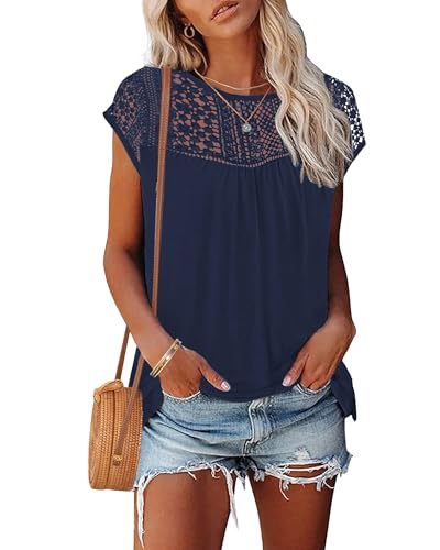 WNEEDU Camisetas Manga Corta Mujer Encaje Blusas Top Verano Elegantes Camisa Casual y VersáTil Azul Marino L
