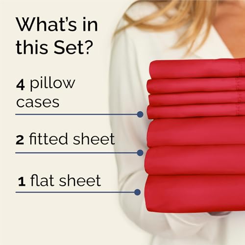 Image of Split King 7 Piece Bed Sheet Set - Comfy, Breathable & Cooling Sheets - Red | Ultra-Soft Hotel Luxury Bedding Set w / 8-16 Inch Deep Pockets, 1 Flat & 2 Fitted Sheet & 4 Pillowcases, Wrinkle & Fade Free