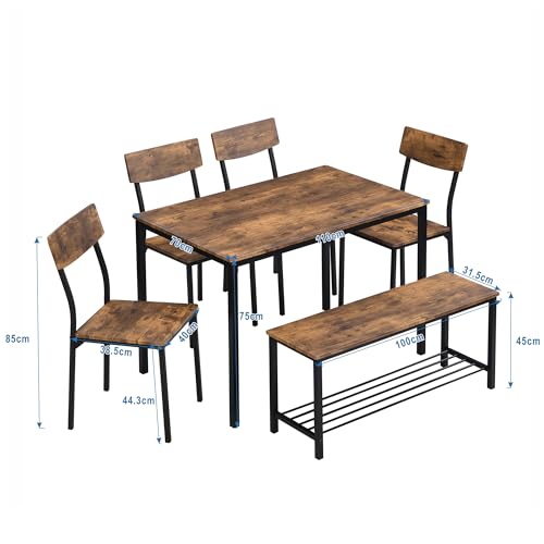 Mesa de comedor con sillas y banco – Juego de comedor para 6 personas, tablero de madera y estructura de acero de estilo industrial, ahorro de espacio para comedor, sala de estar o espacios pequeños - imagen 2