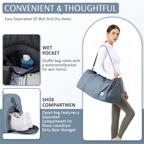 Gym Duffle With Shoe Compartment - Sports Travel Tote for Men and Women, Weekender Overnight Personal Item, Carry-on Workout Bag for Sports - Grey Blue3