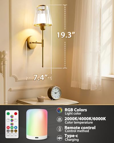 Image of Adetu 19.3 Inch Crystal Battery Operated Wall Sconces Set of 2 | 10000mAh Magnetic Bulbs, 5%-100% Dimmable, RGB Rechargeable Battery Wall Sconce with Remote Control for Bedroom Decor