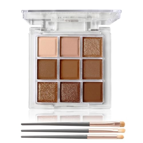 Braun Lidschatten Palette, Matt & Glitzer Eyeshadow Palette mit 3 Pinsel, Hochpigmentierter Chocolate Augen Make Up Set, Wasserfest & Wischfest Liedschatenpalete für Urlaubs & Alltags, Glatt Pulver