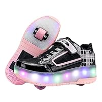 HUSKSWARE 2-Wheel LED Roller Skate Shoes for Kids Boys Girls – Adjustable Light-Up Sneakers with USB Charging – Retractable Skating Shoes for Outdoor Sports – EU 27-40 – Black Pink Gold Silver White