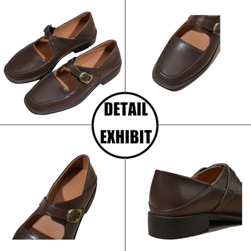 Women's Vintage Leather Mary Jane Flats,Square Toe Ankle Strap Buckle Low Stacked Heel Dress Flat Shoes3