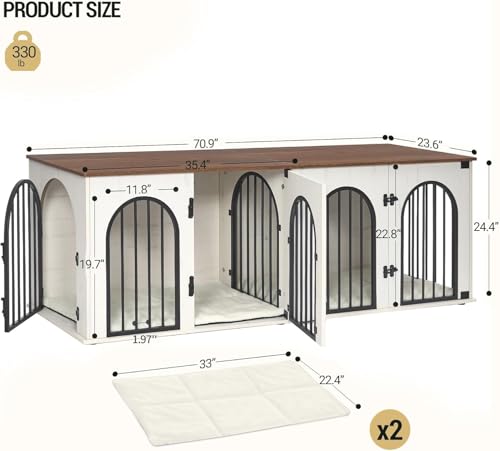 Hzuaneri 71" Dog Crate Furniture for 2 Dogs, Heavy Duty Indoor Dog Kennel TV Stand, XL Wooden Dog Cage with Divider for Medium Large Dogs, End Table Dog Crate with Cushion, White Brown DFC81914B