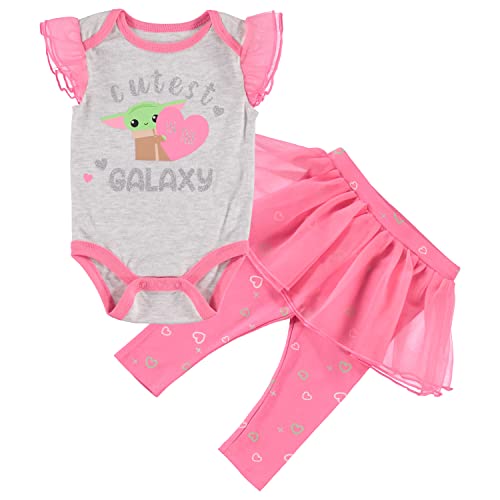 Image of STAR WARS Baby Girls' Clothing One Piece and Pants - Baby Yoda Baby Clothes - Baby Girl Outfits (Green/Pink, 6-9M)