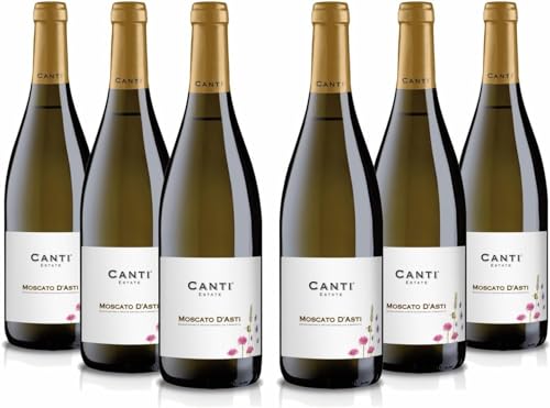 Canti - Weißer D.O.C.G. Spritzwein, Moscato d'Asti, italienische Traubensorte aus Piemont, fruchtiger und süßer Geschmack, 6x750 ml