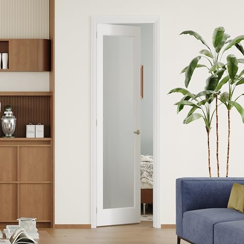 Image of 18 inch x 80 inch Pantry Door with Prehung Door Jamb, Left-Handed Interior Door, 1-Lite Frosted Glass, White MDF with Hardware Kit