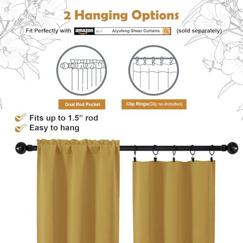 Image of Aiyufeng Bright Gold Blackout Curtains for Bedroom 63 Inch Length 2 Panels, Solid Thermal Insulated Energy Saving Rod Pocket Window Treatment Curtains Blackout Drapes, W40 x L63 Inch,Bright Gold