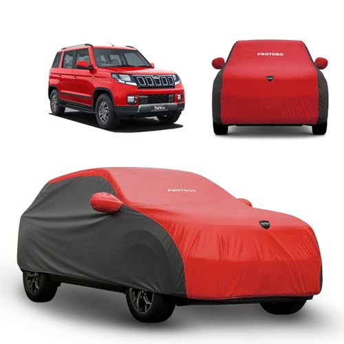 Image of PROTEGO Prime Series India's 1st Anti-Tear Car Cover for Mahindra TUV 300 | Heavy-Duty, Custom Fit, All Weather Protection | 100% Waterproof, Windproof & Hail Resistant | 2-Year Warranty | Red + Black