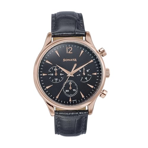 Image of Sonata Wedding Edit Quartz Multifunction Black Dial Leather Strap Watch for Men