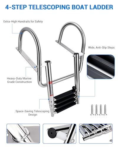 image for Mojiate 4-Step Stainless Steel Pontoon Boat Ladder - Foldable Telescop